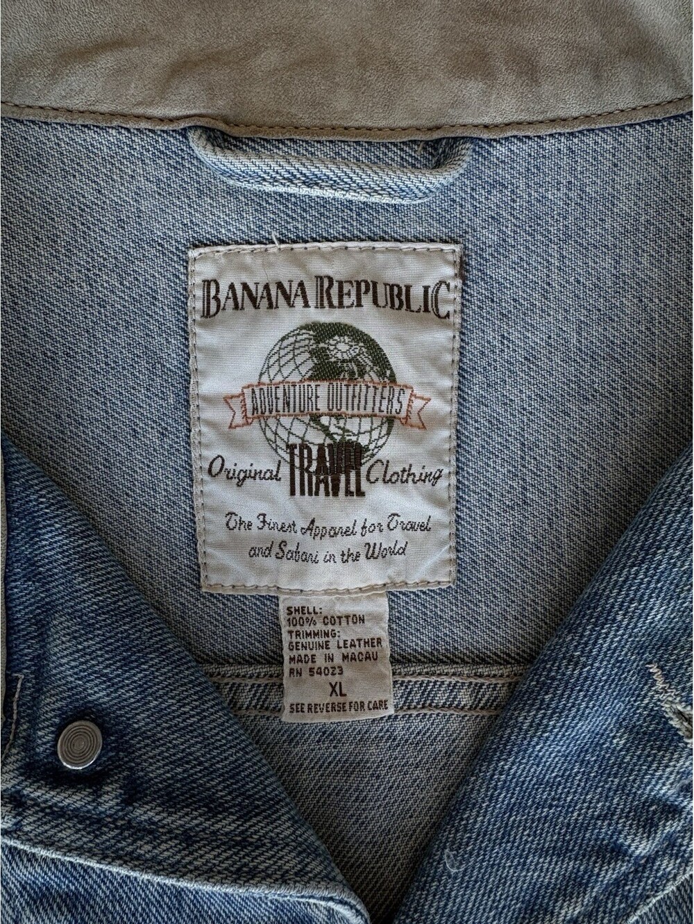 Vintage 80s Banana Republic Safari Era Leather Collar Denim Jacket Macau XL - Picture 4 of 6